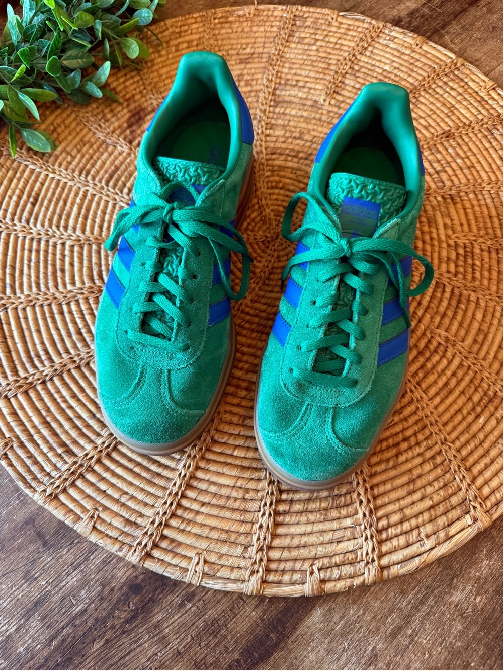 adidas Gazelle Bold Green Suede Sneakers with Blue Stripes